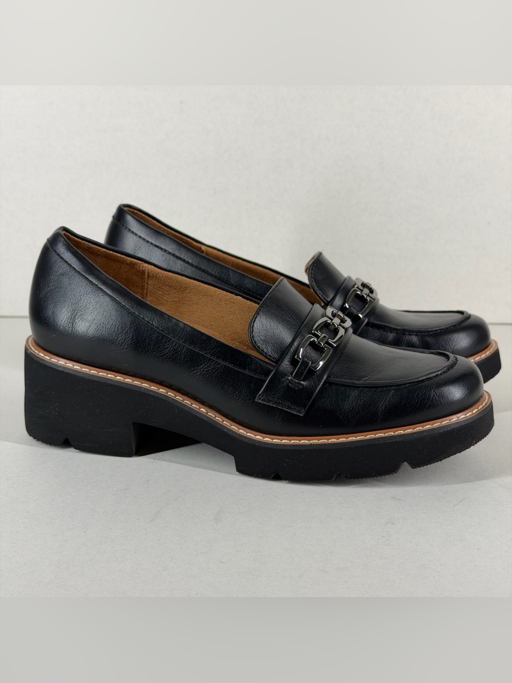 Naturalizer Cabana Black Leather Chunky
Lug Sole Chain Loafers